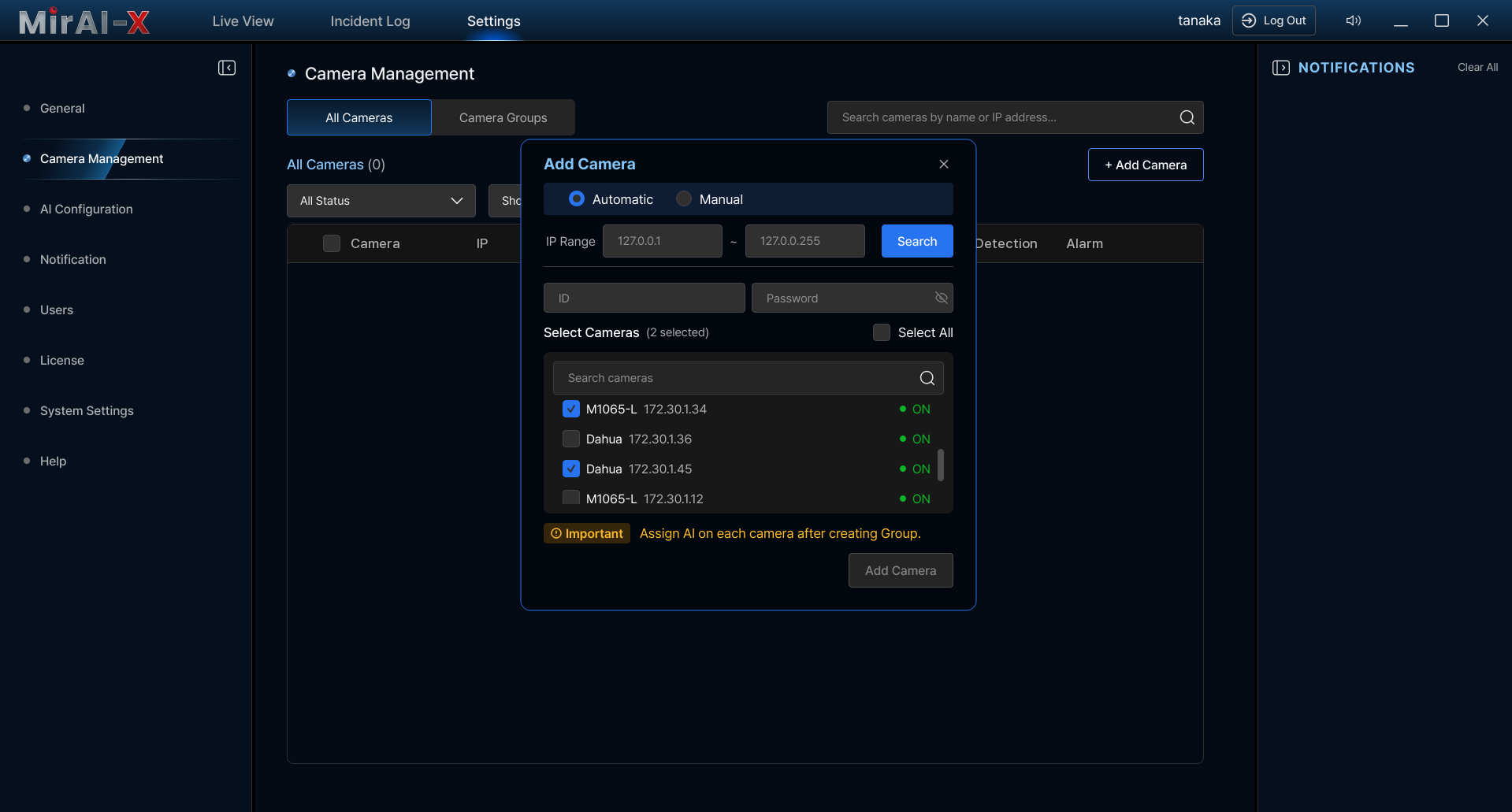 Add Camera dialog showing auto-discovery mode with Search button and discovered camera list with checkboxes