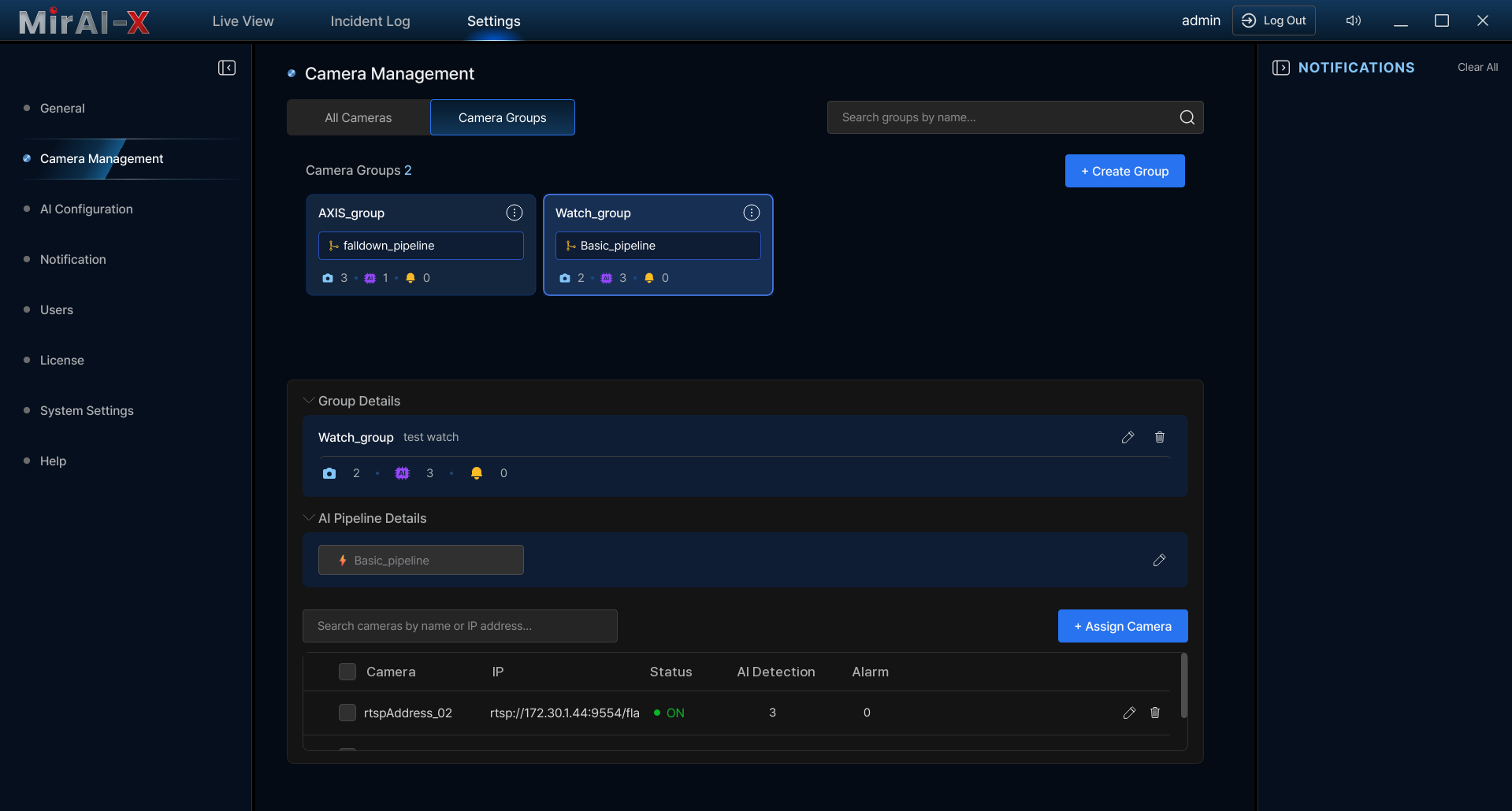 Camera Groups tab showing group cards on the left and group detail panel on the right with pipeline assignment dropdown and camera list