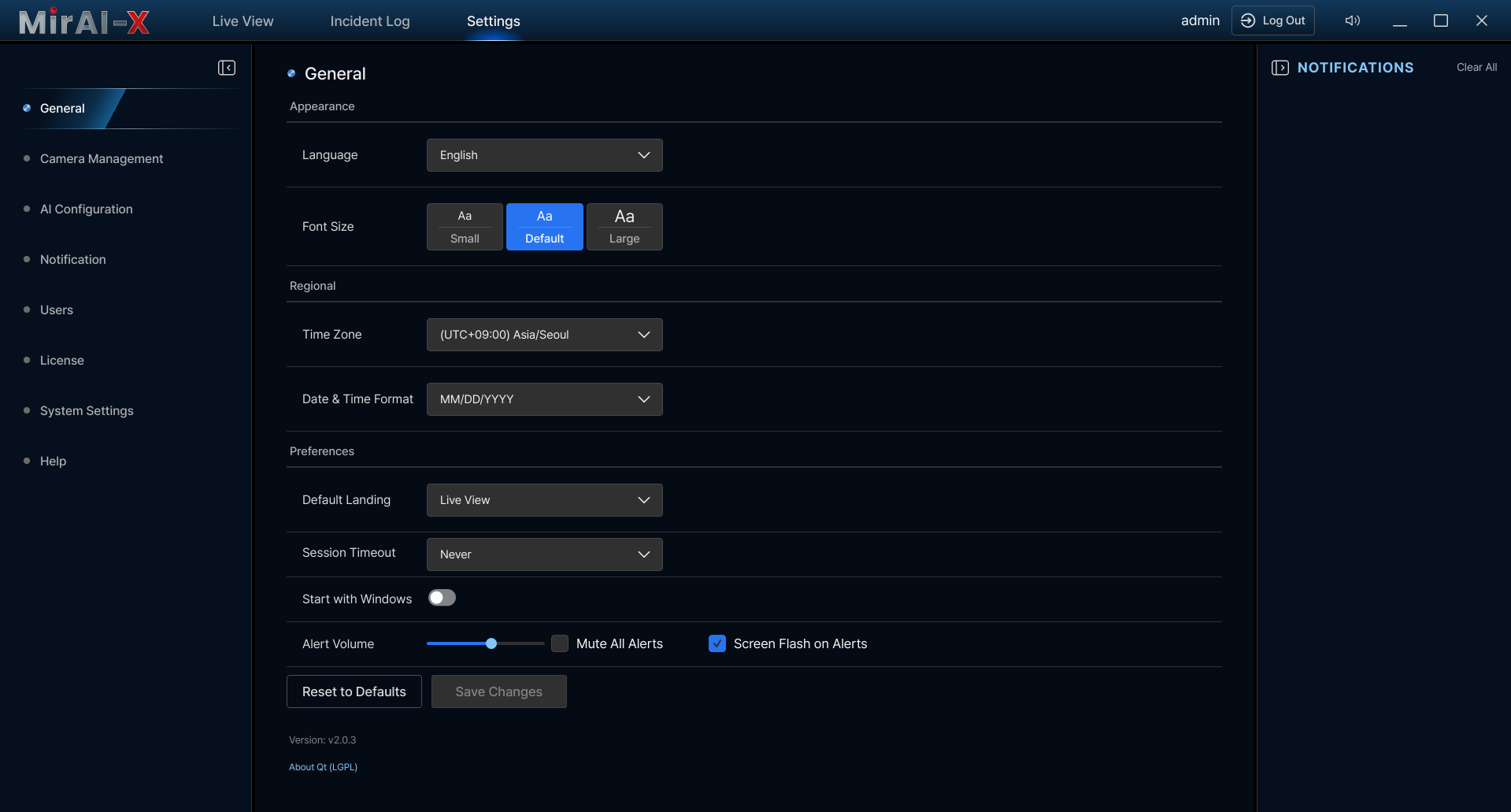 General Settings page showing Language selector, Font Size, Time Zone, Date Format, Default Landing, Session Timeout, and Start with Windows toggle