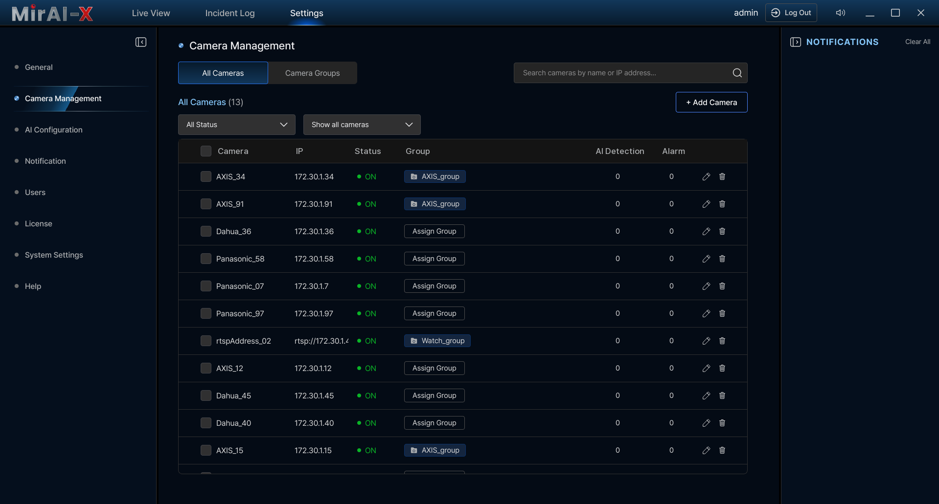 Server and Camera settings page showing camera table with status indicators and group assignment