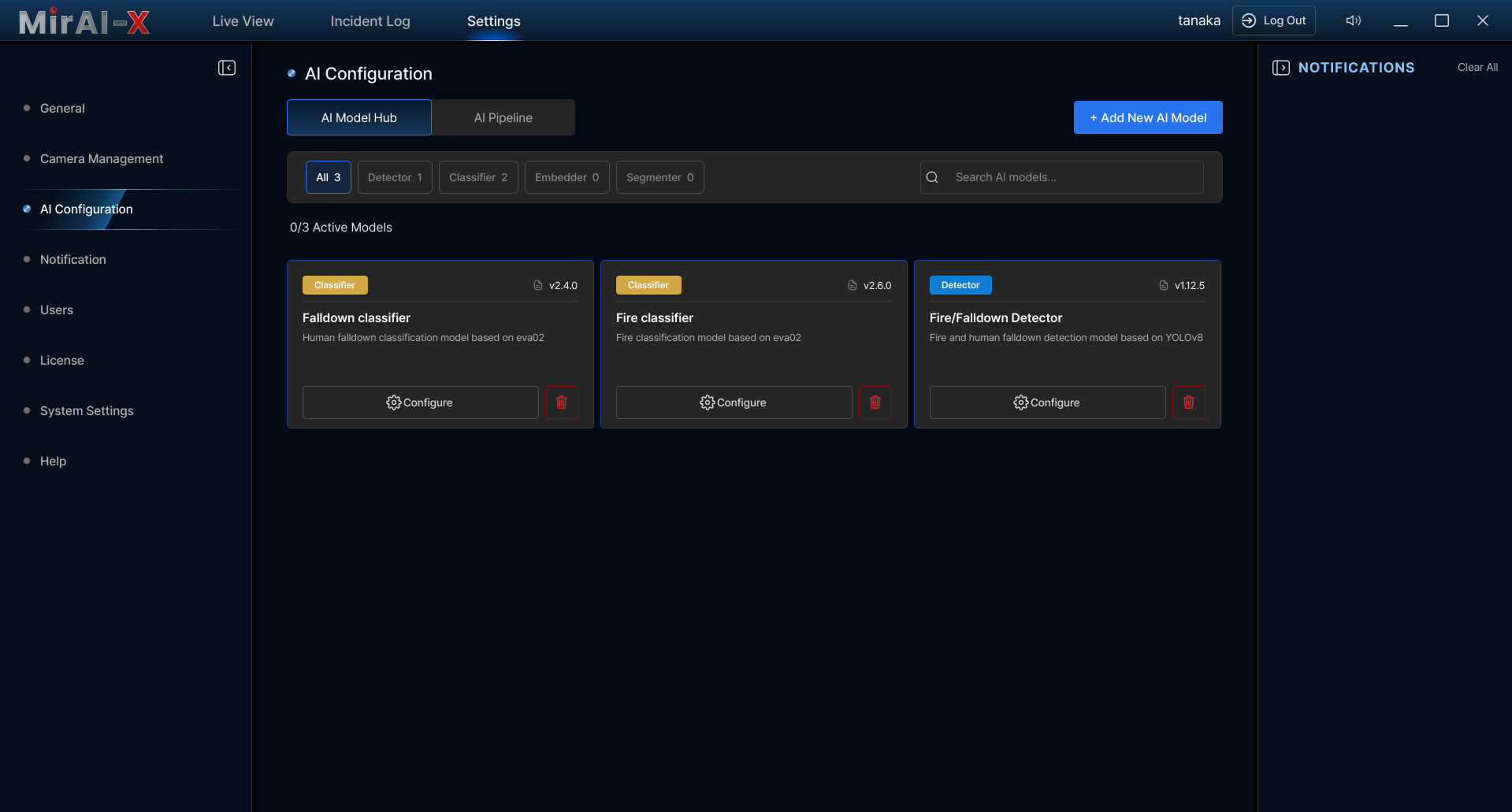AI Configuration page showing Model Hub with model cards and Pipeline Builder canvas