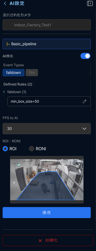 Per-camera AI Settings showing detection type toggles (Flame/Smoke/Falldown/Intrusion), ROI polygon drawn on camera preview, and confidence threshold sliders
