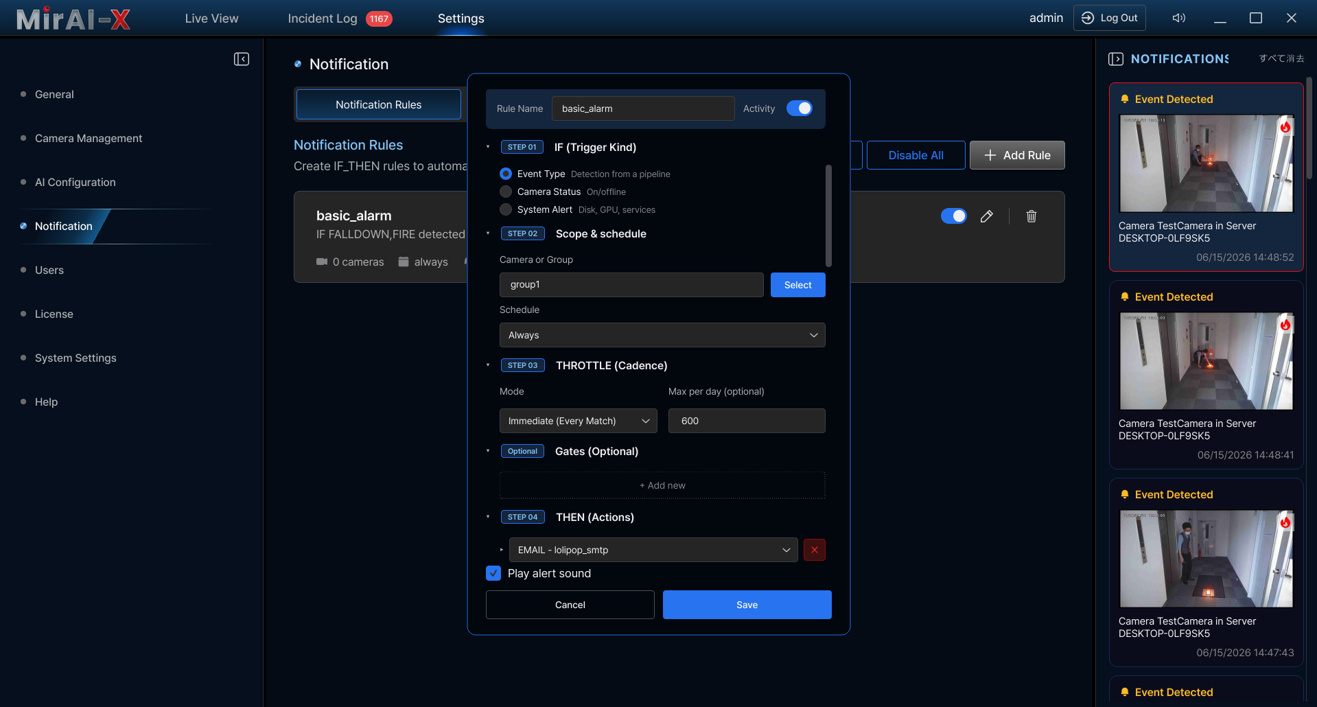 Notification settings showing Channels list and Rule builder (IF-THEN steps)