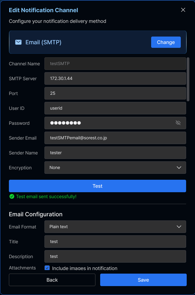 Notification Channel configuration form showing Email SMTP settings (server, port, encryption, credentials, subject template)