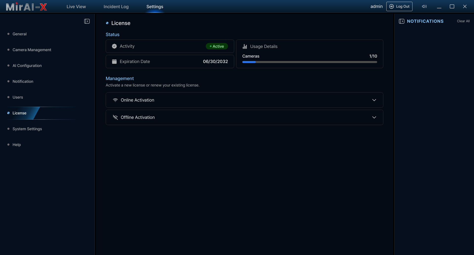 License Management page showing license status (Active/Expired), expiry date, camera count, and activation form with key input field