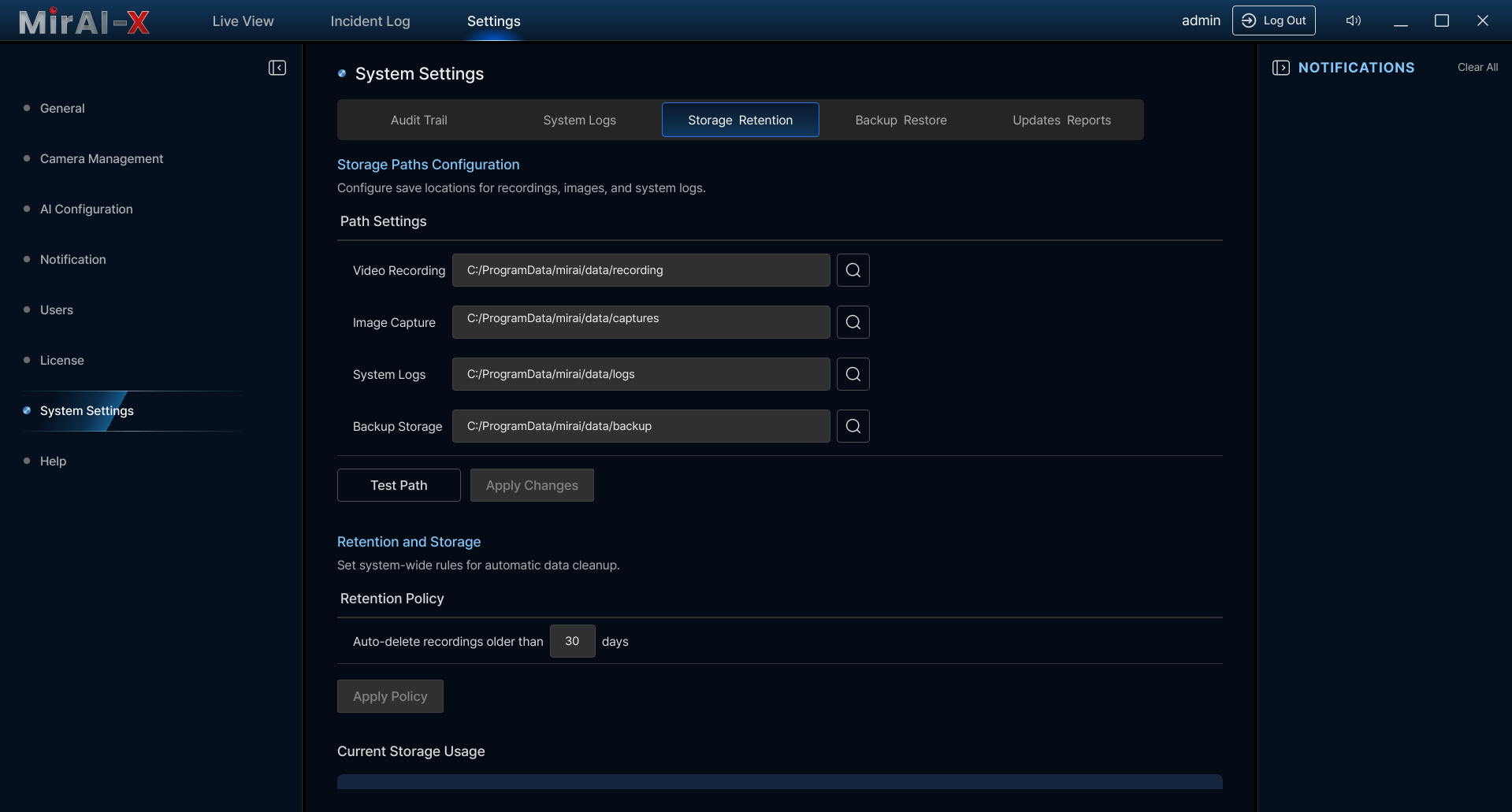 Storage & Retention settings showing path configuration fields (recordings, captures, backups), Test Path buttons, retention policy (auto-delete after N days), and storage breakdown chart