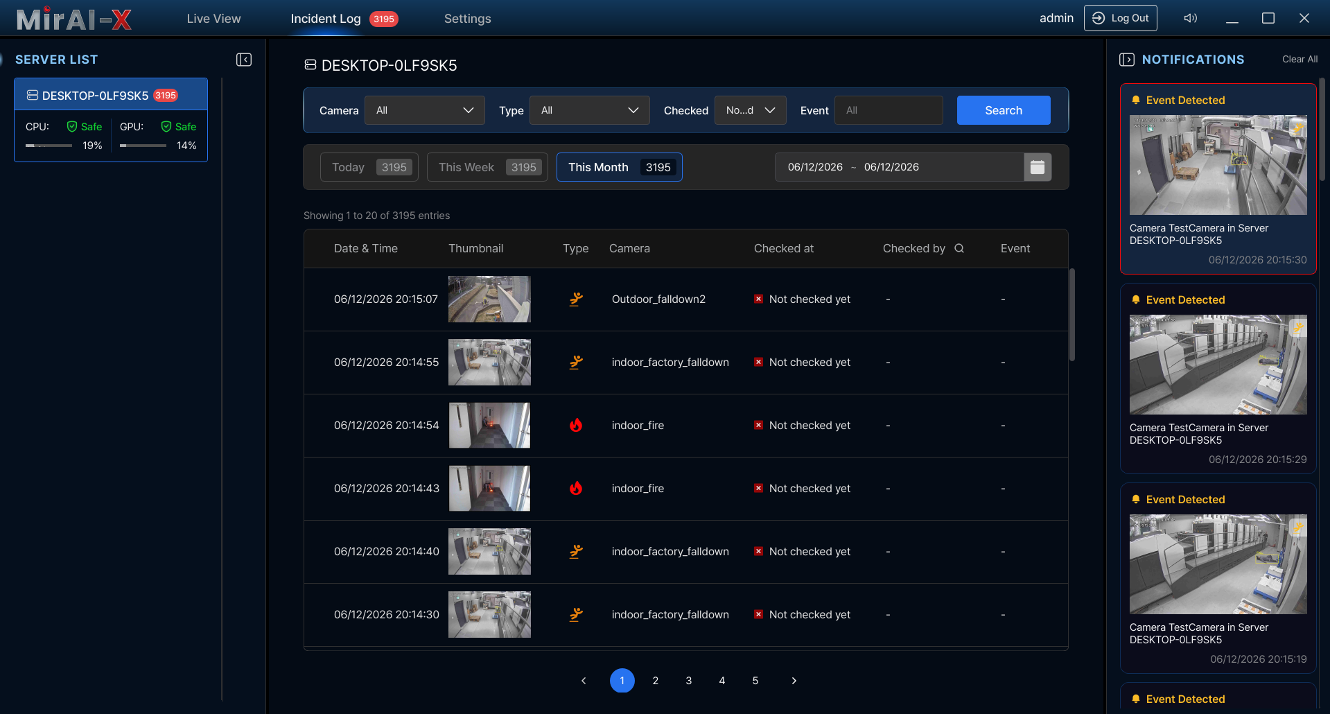 Incident Log table with filter bar (date range, camera, event type, audit status) and paginated results showing thumbnails and status