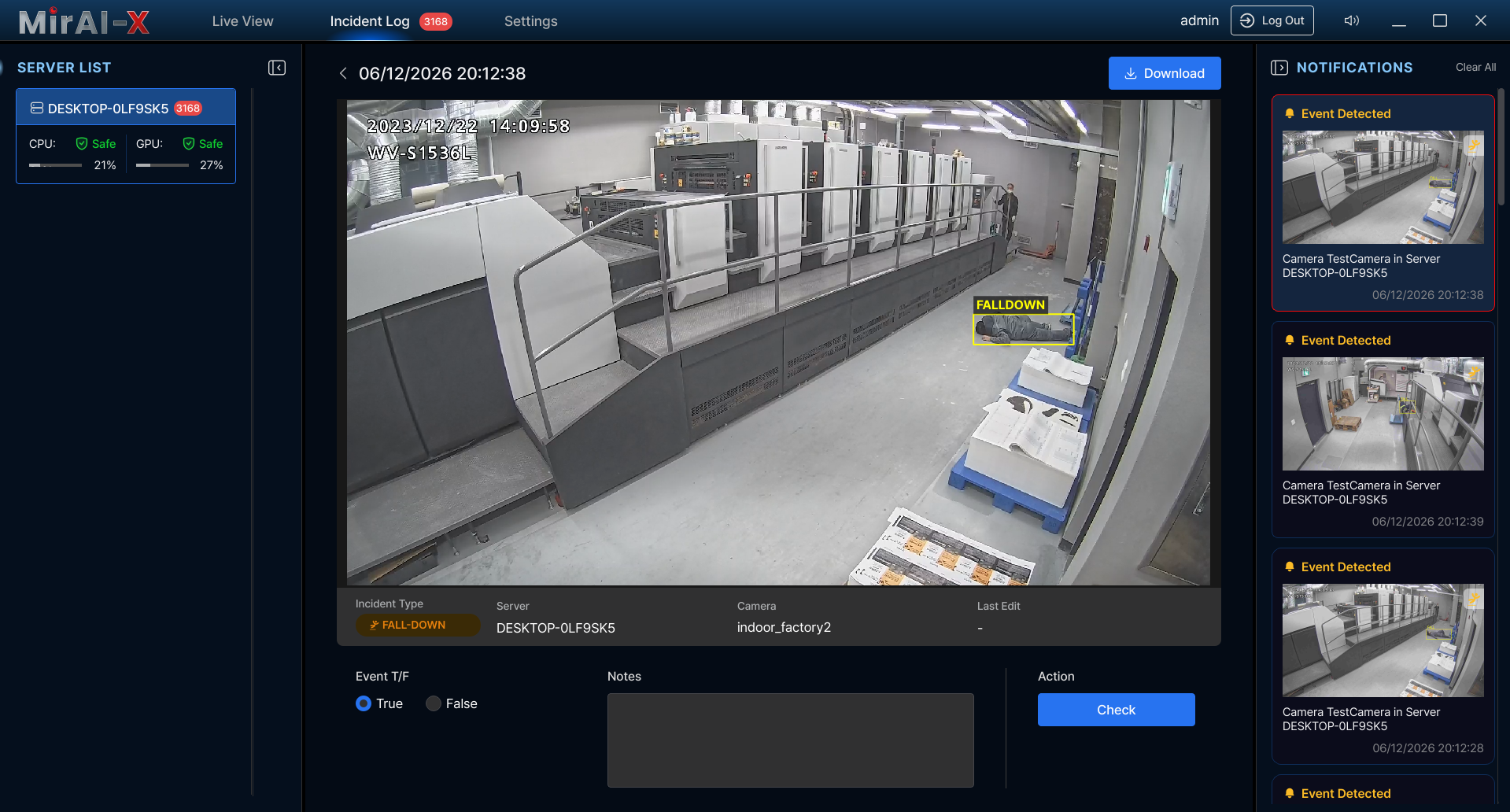 Incident detail view with video player, timeline scrubber, bounding box overlay, and audit controls